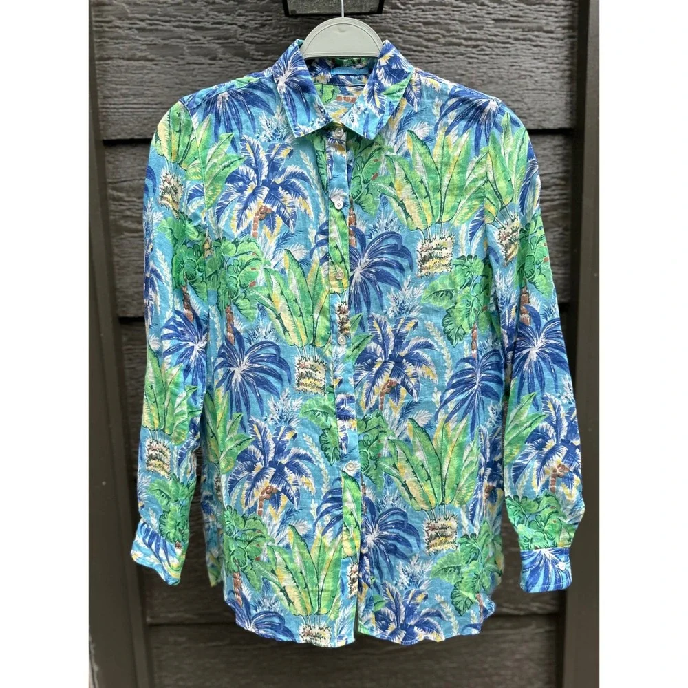 J.McLaughlin Womens Blue Green 100% Linen Tropical Palm Tree Button Front Shirt